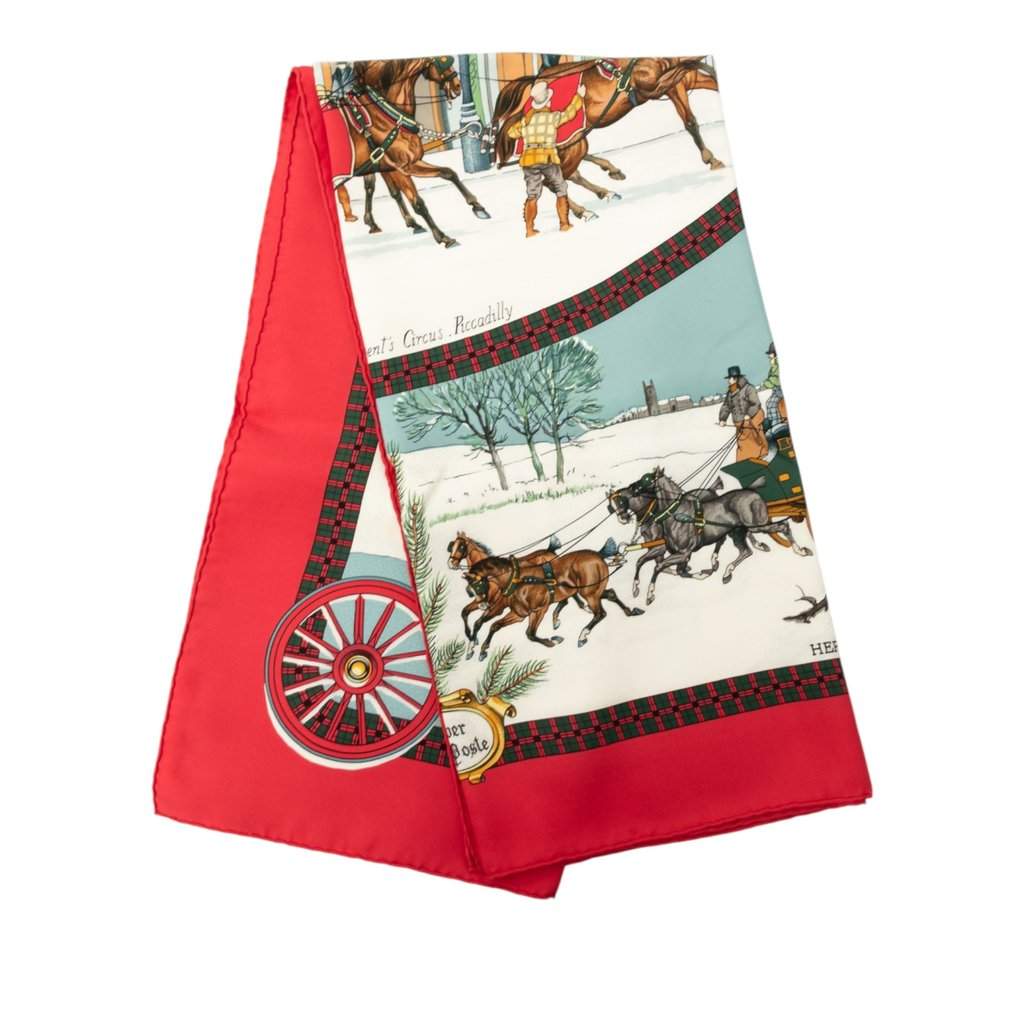 Hermès L Hiver en Poste Silk Scarf 90 White Very good - Front View