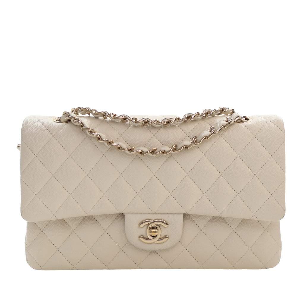 Chanel Medium Classic Caviar Double Flap White Leather Very good condition - Front View