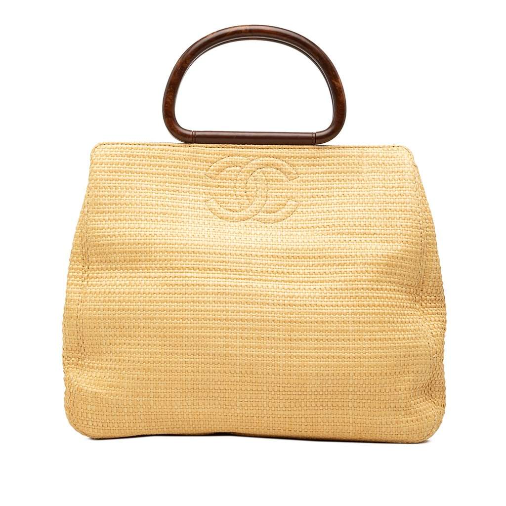 Chanel CC Raffia Wood Top Handle Tote Beige Very good - Front View