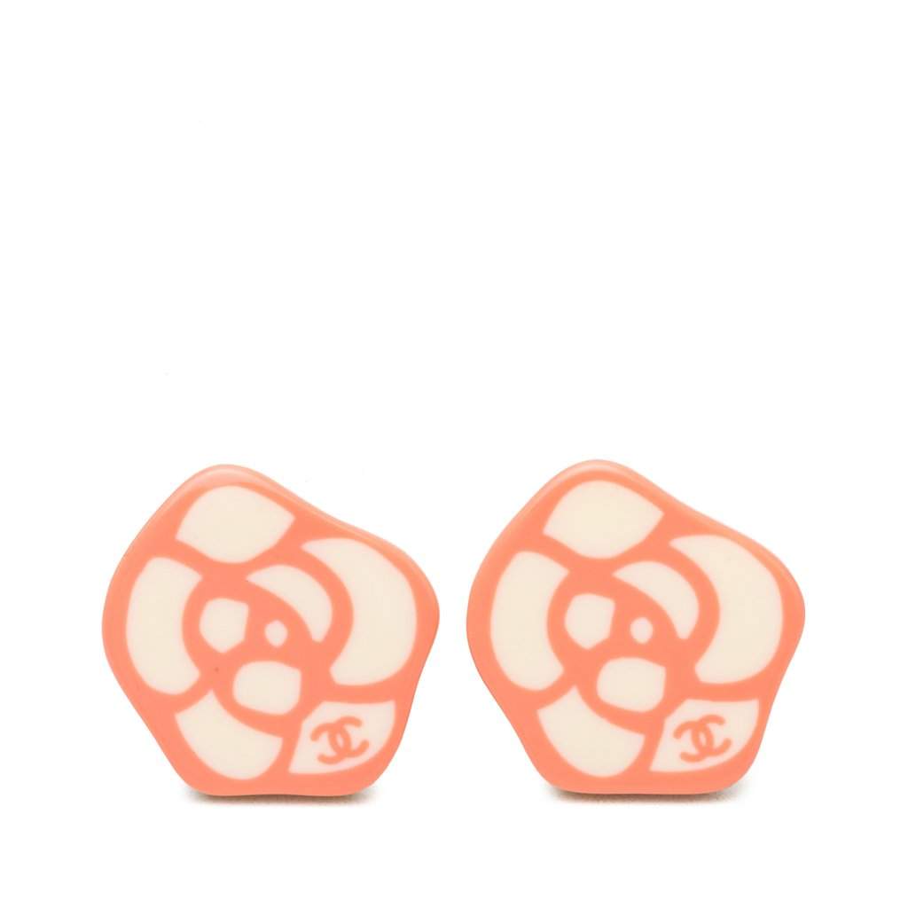 Chanel CC Resin Camellia Clip On Earrings White Plastic Very good condition - Front View