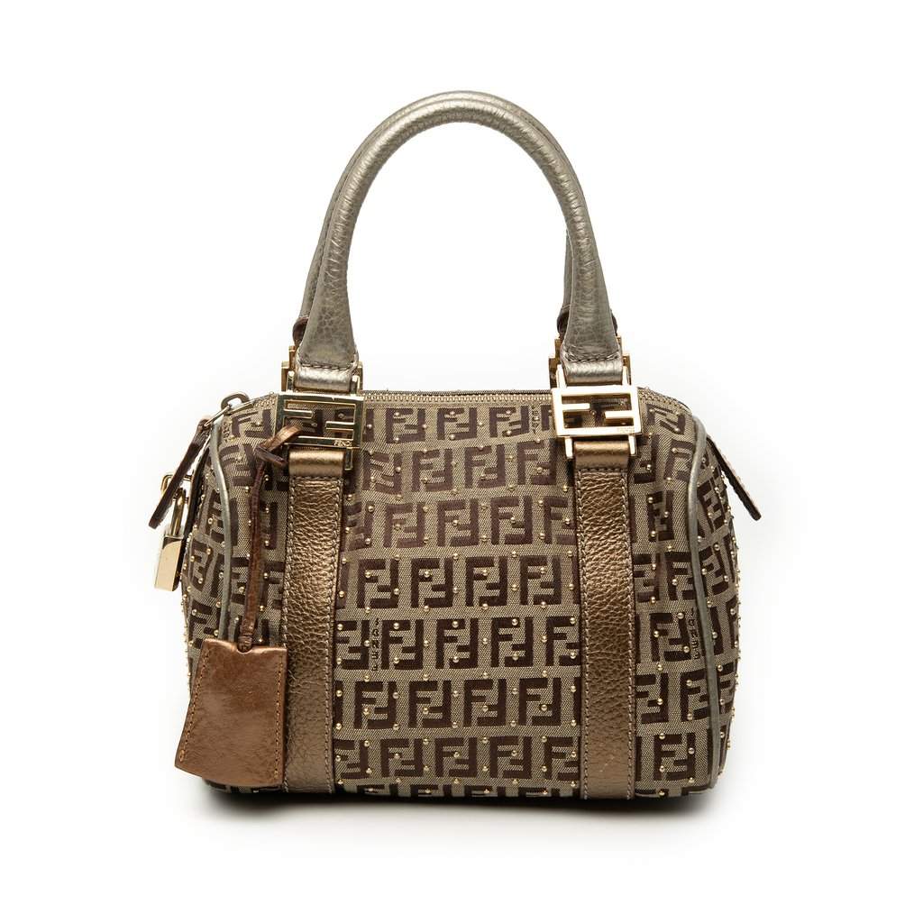 Fendi Mini Zucchino Canvas Forever Studded Bauletto Boston Bag Beige Very good - Front View