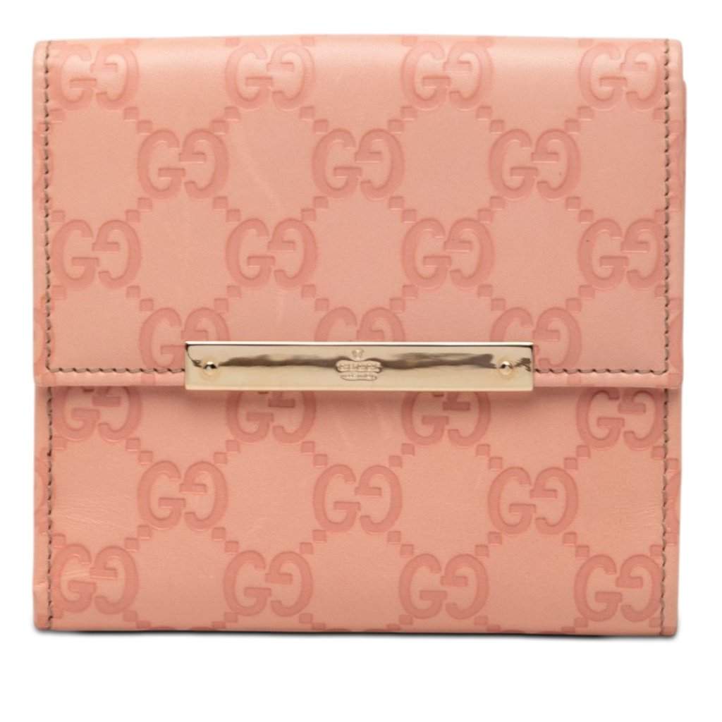 Gucci Guccissima Metal Bar French Flap Wallet Pink Leather Very good condition - Front View
