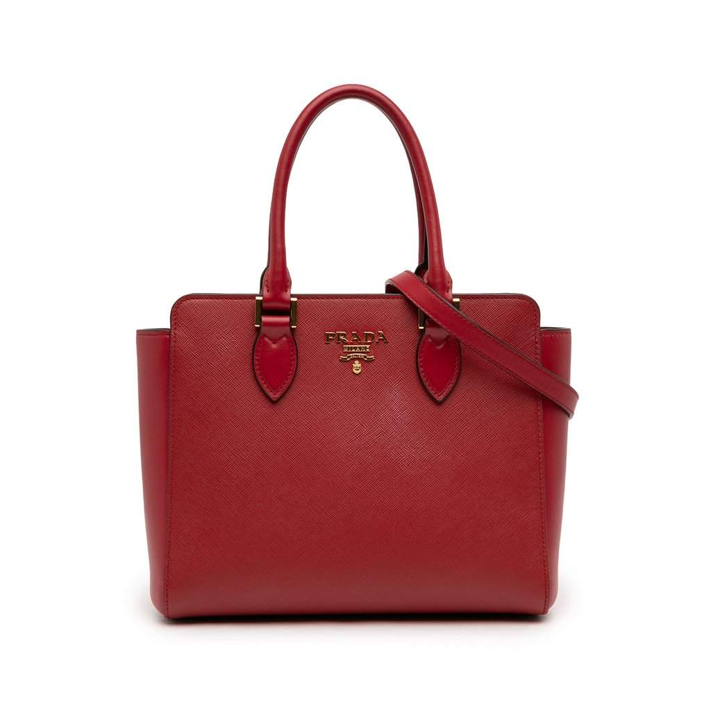 Prada Soft Calf Trimmed Saffiano Lux Zip Convertible Tote Red Leather Very good - Front View