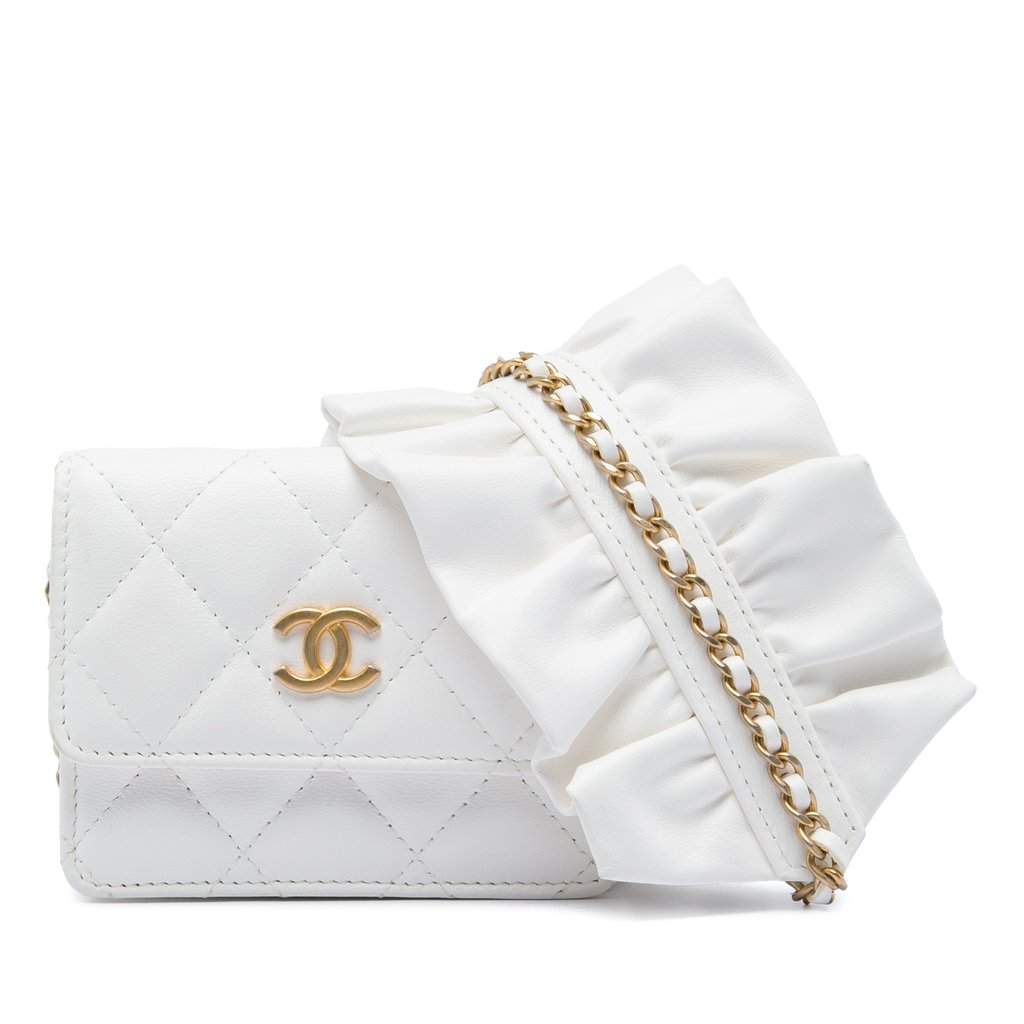 Chanel Quilted Lambskin Romance Card Holder On Chain White Leather Very good condition - Front View