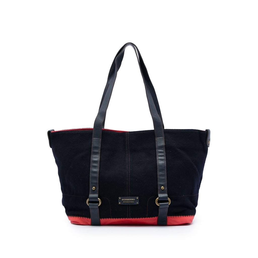 Burberry Leather Trimmed Canvas Tote Blue Very good - Front View
