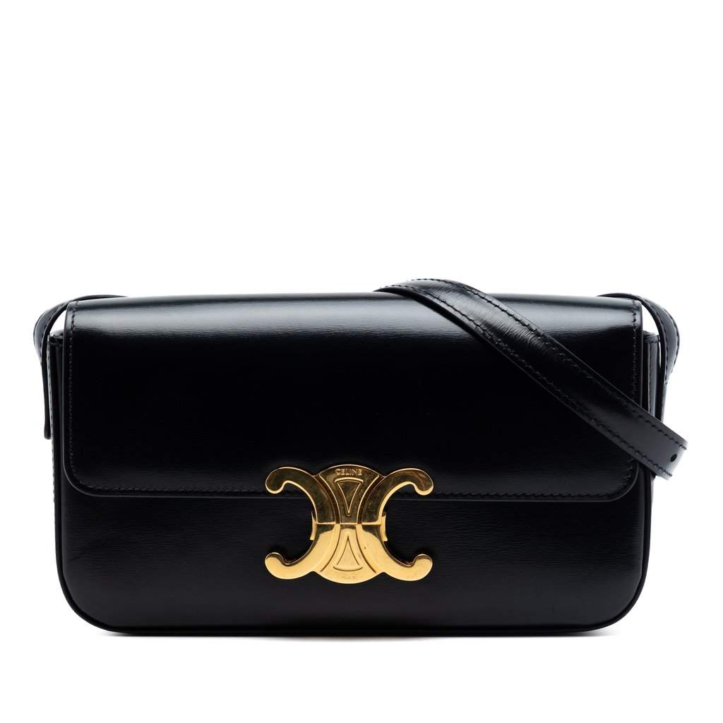 Celine Shiny Calfskin Triomphe Claude Shoulder Bag Black Leather Very good condition - Front View