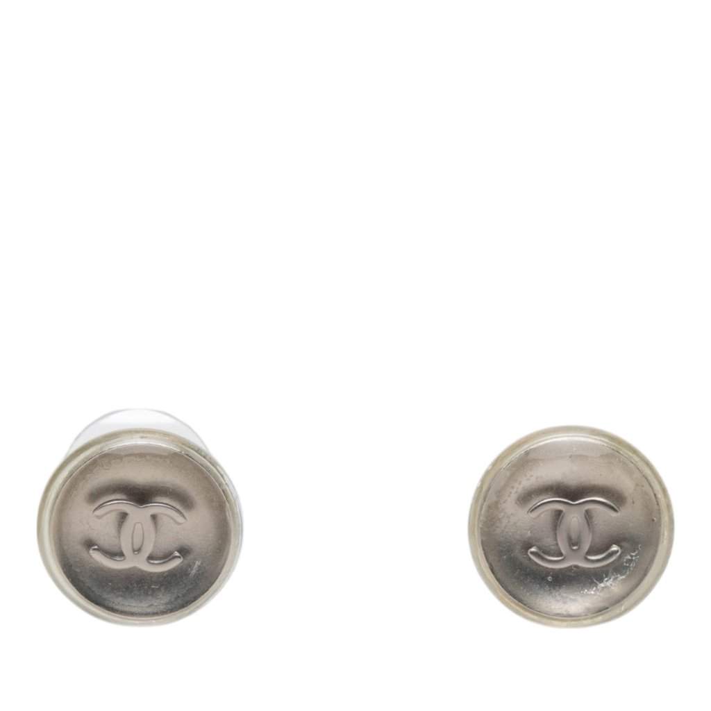 Chanel CC Resin and Brass Round Push Back Earrings Silver Metal Very good condition - Front View