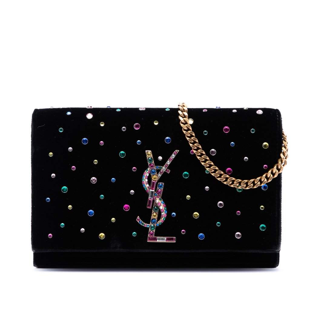 Saint Laurent Crystal Embellished Velvet Monogram Kate Wallet On Chain Black Very good condition - Front View
