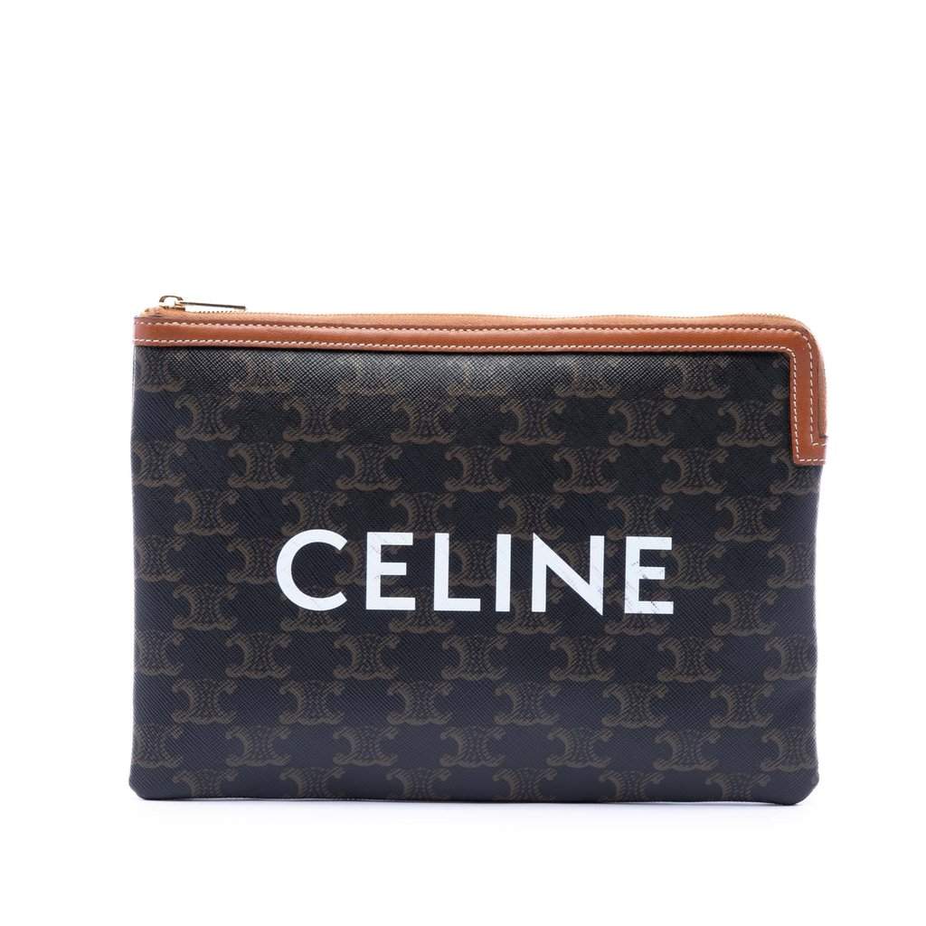 Celine Small Triomphe Coated Canvas Clutch Brown Very good condition - Front View