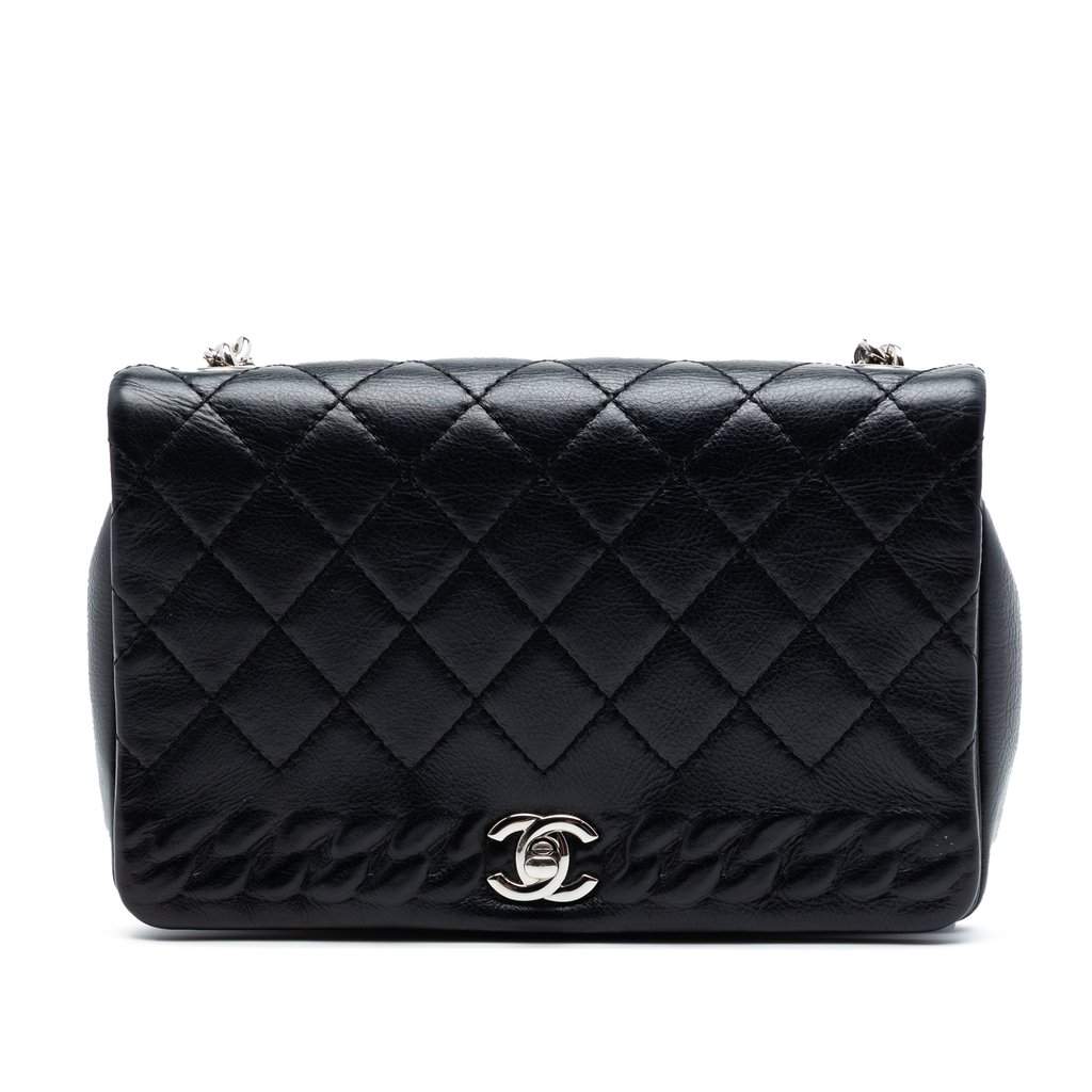 Chanel Small CC Quilted Lambskin Embossed Braid Single Flap Black Leather Very good condition - Front View