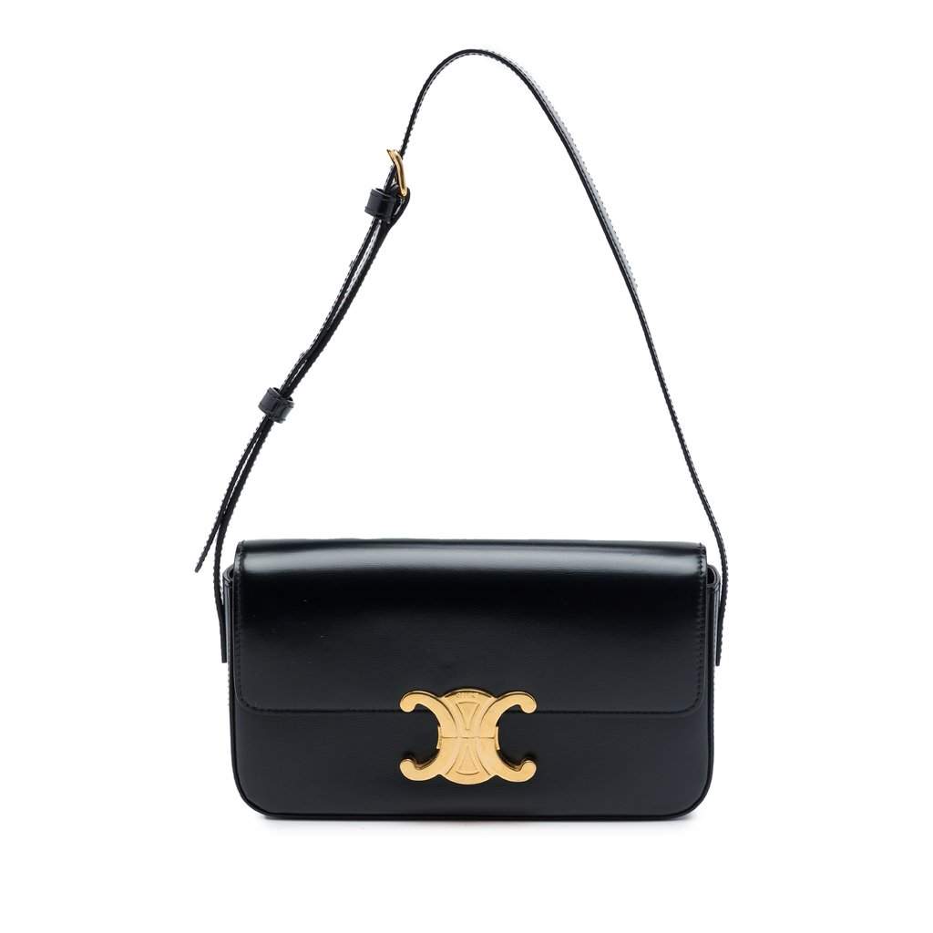 Celine Shiny Calfskin Triomphe Claude Shoulder Bag Black Leather Very good - Front View