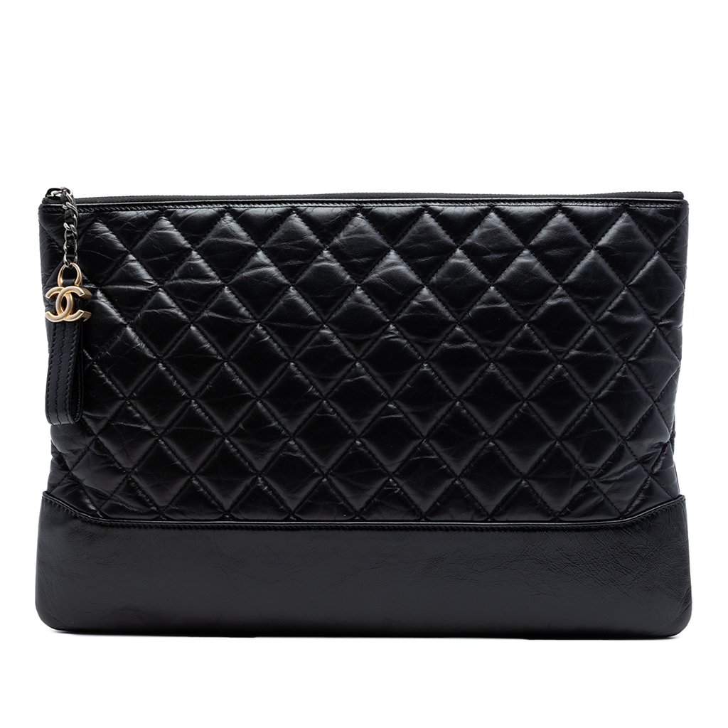 Chanel Large Aged Calfskin Gabrielle O Case Clutch Black Leather Very good - Front View