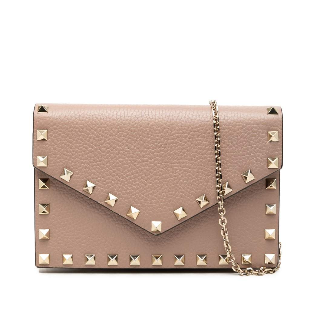 Valentino Pebbled Calfskin Rockstud Envelope Wallet on Chain Brown Leather Very good condition - Front View
