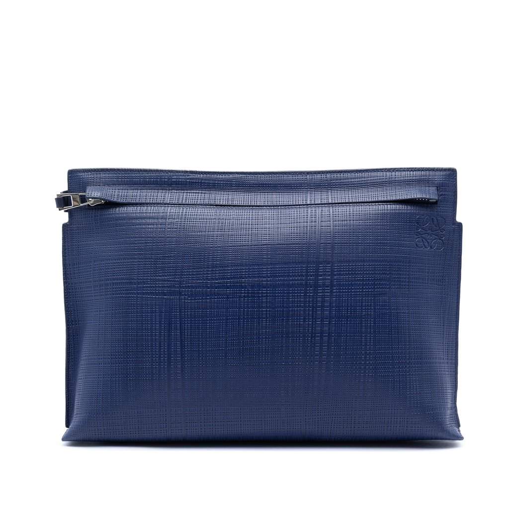Loewe Large Linen Embossed Calfskin Anagram T Pouch Blue Leather Very good condition - Front View