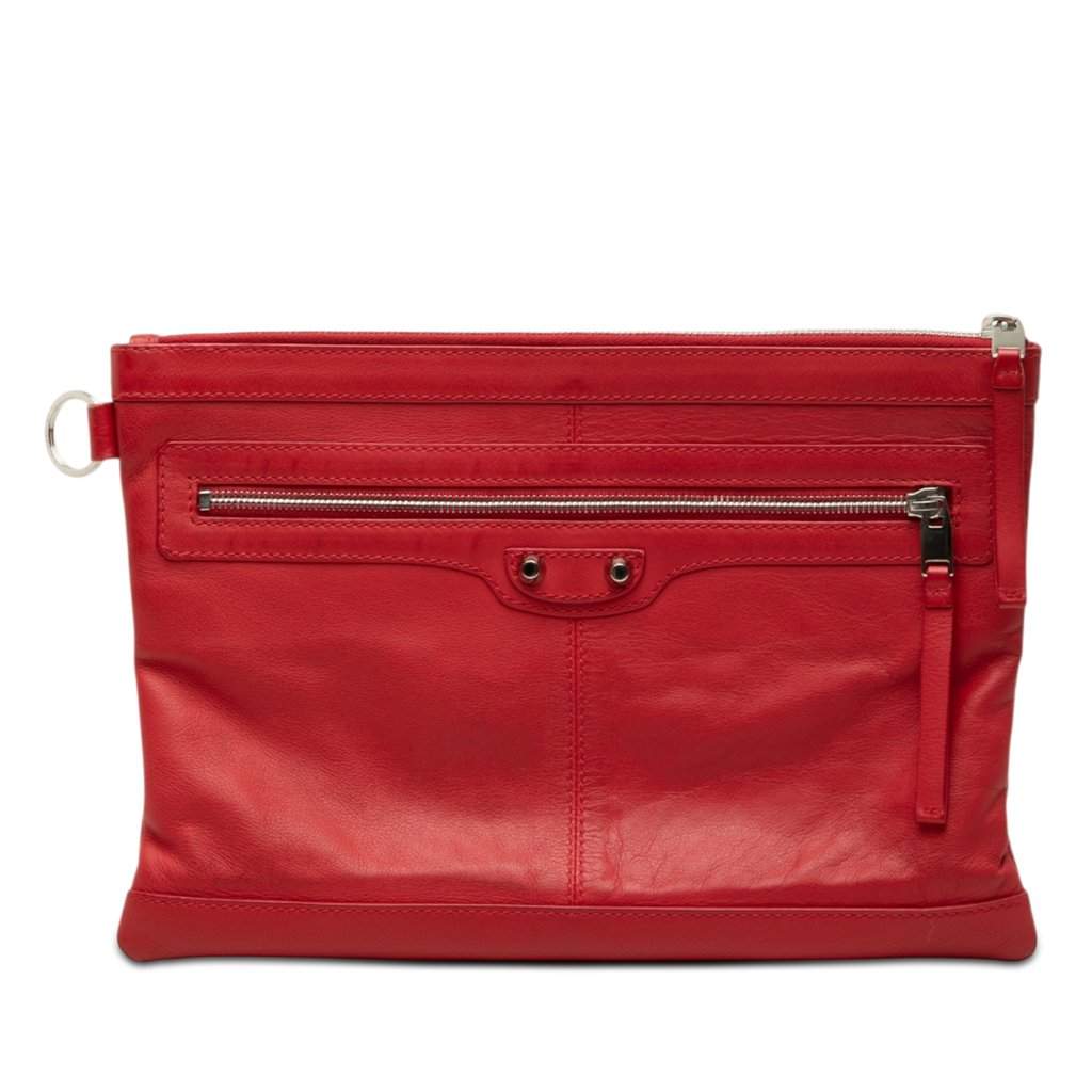 Balenciaga Lambskin Motocross Classic Clip M Clutch Red Leather Very good condition - Front View