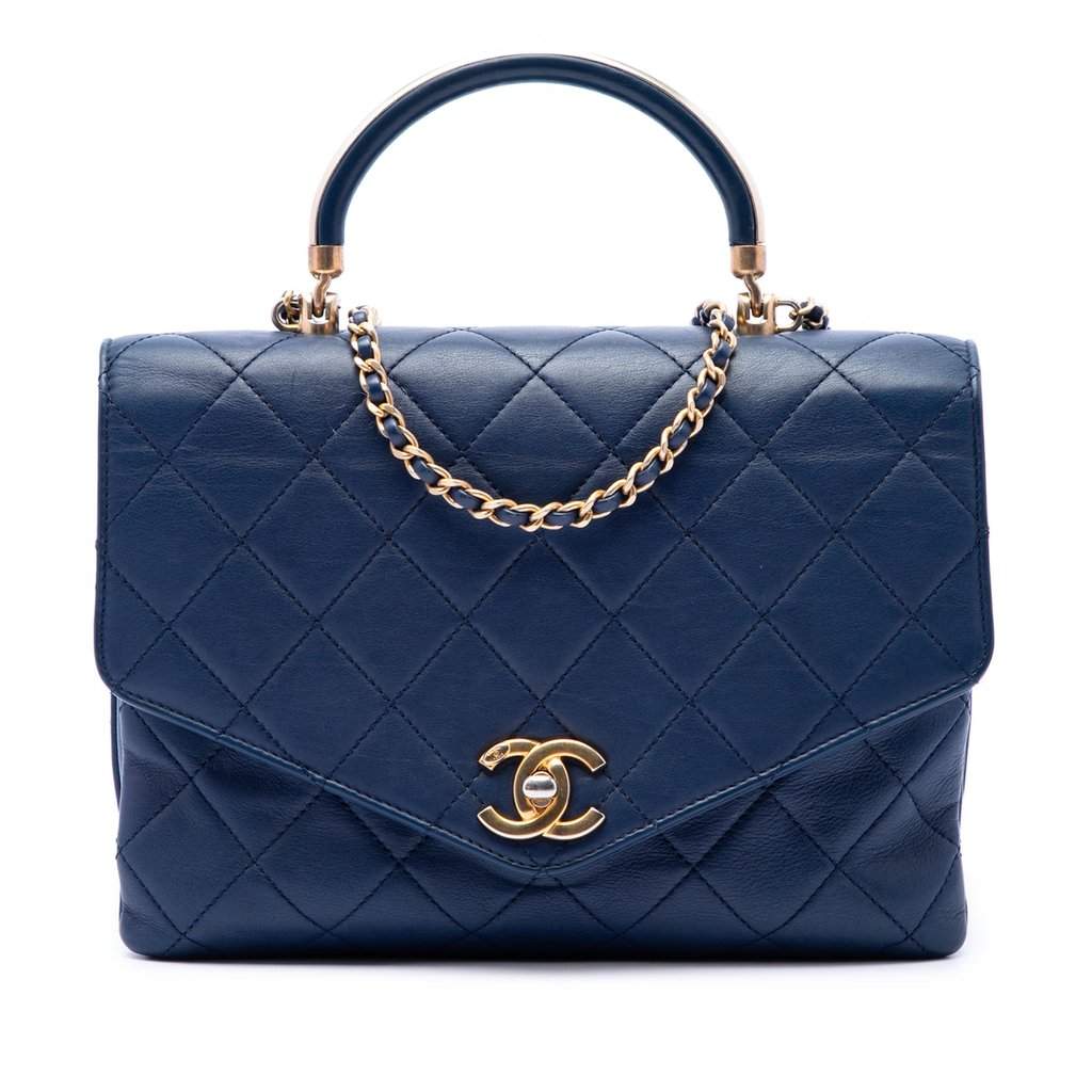 Chanel CC Quilted Calfskin Metal Top Handle Envelope Flap Blue Leather Very good condition - Front View