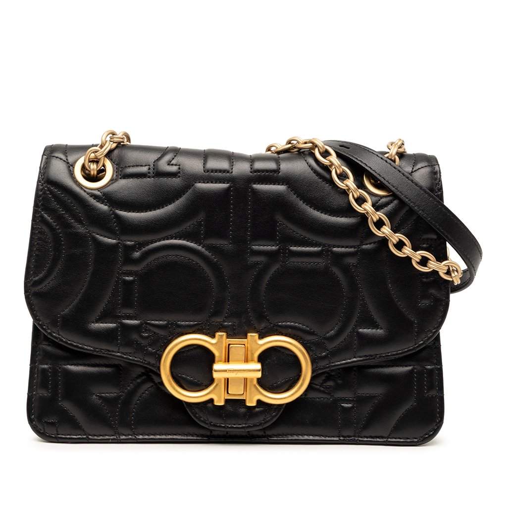 Salvatore Ferragamo Quilted Leather Gancini Flap Shoulder Bag Black Leather Very good condition - Front View