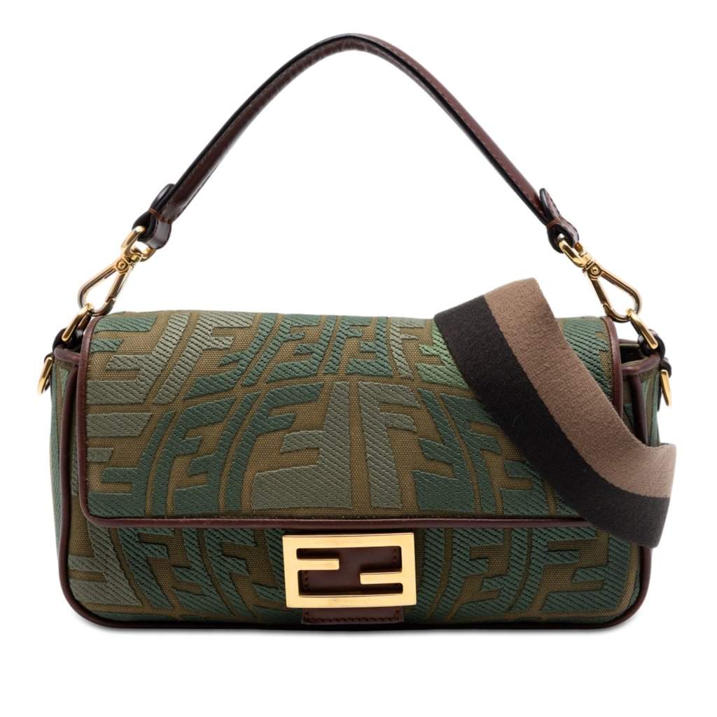 Fendi Sarah Coleman FF Canvas Fish Eye Embroidered Baguette Satchel Green Very good condition - Front View