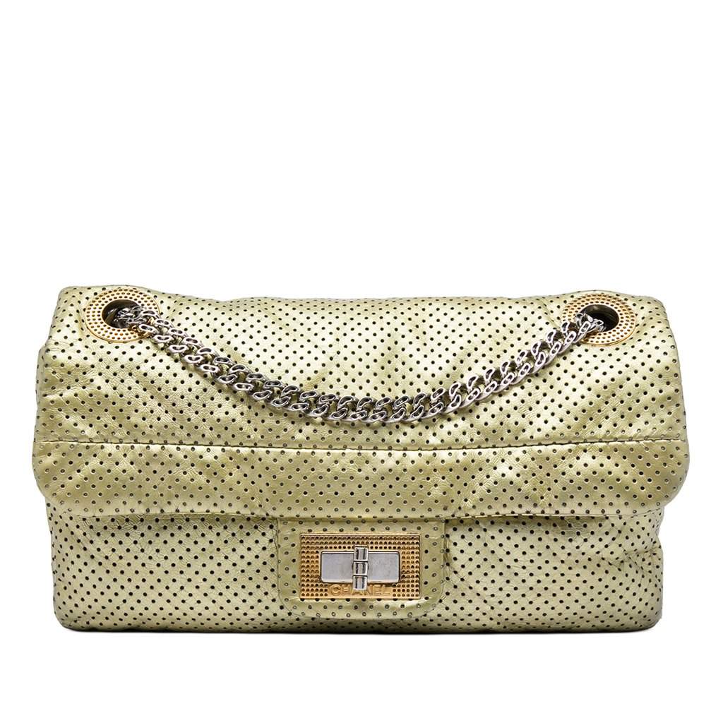 Chanel Metallic Perforated Calfskin Reissue 2.55 Drill Flap Gold Leather Very good condition - Front View