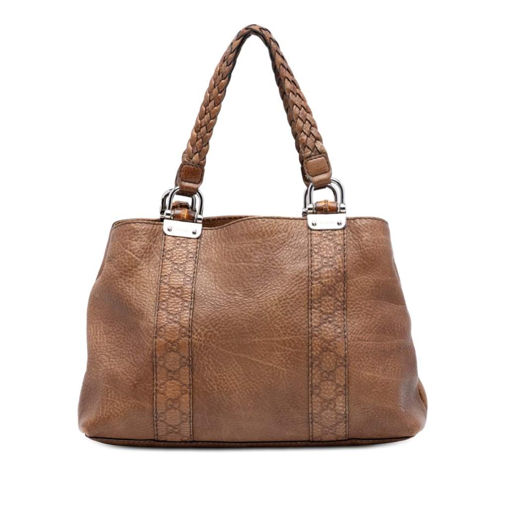 Gucci Medium Guccissima Trimmed Calfskin Bamboo Libeccio Tote Brown Leather Very good condition - Front View