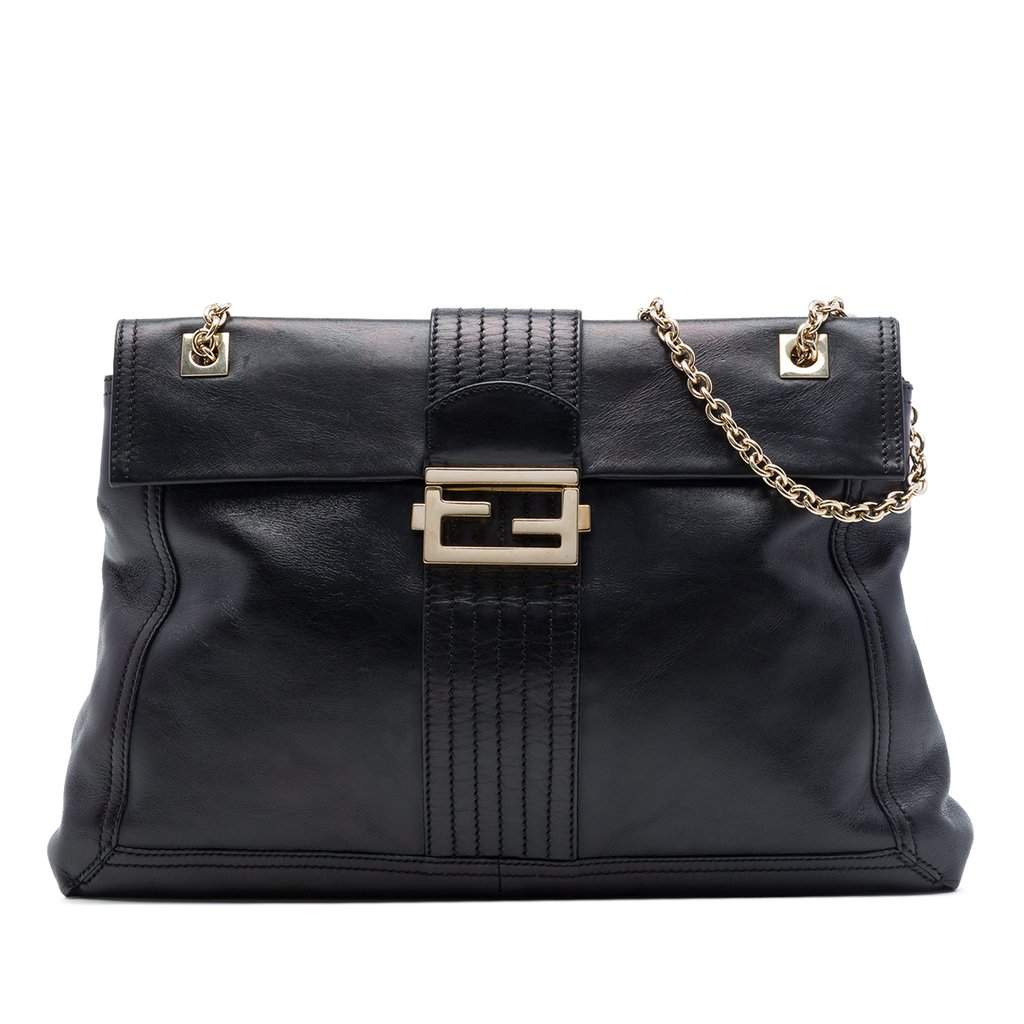 Fendi Leather Maxi Baguette Flap Bag Black Leather Very good - Front View