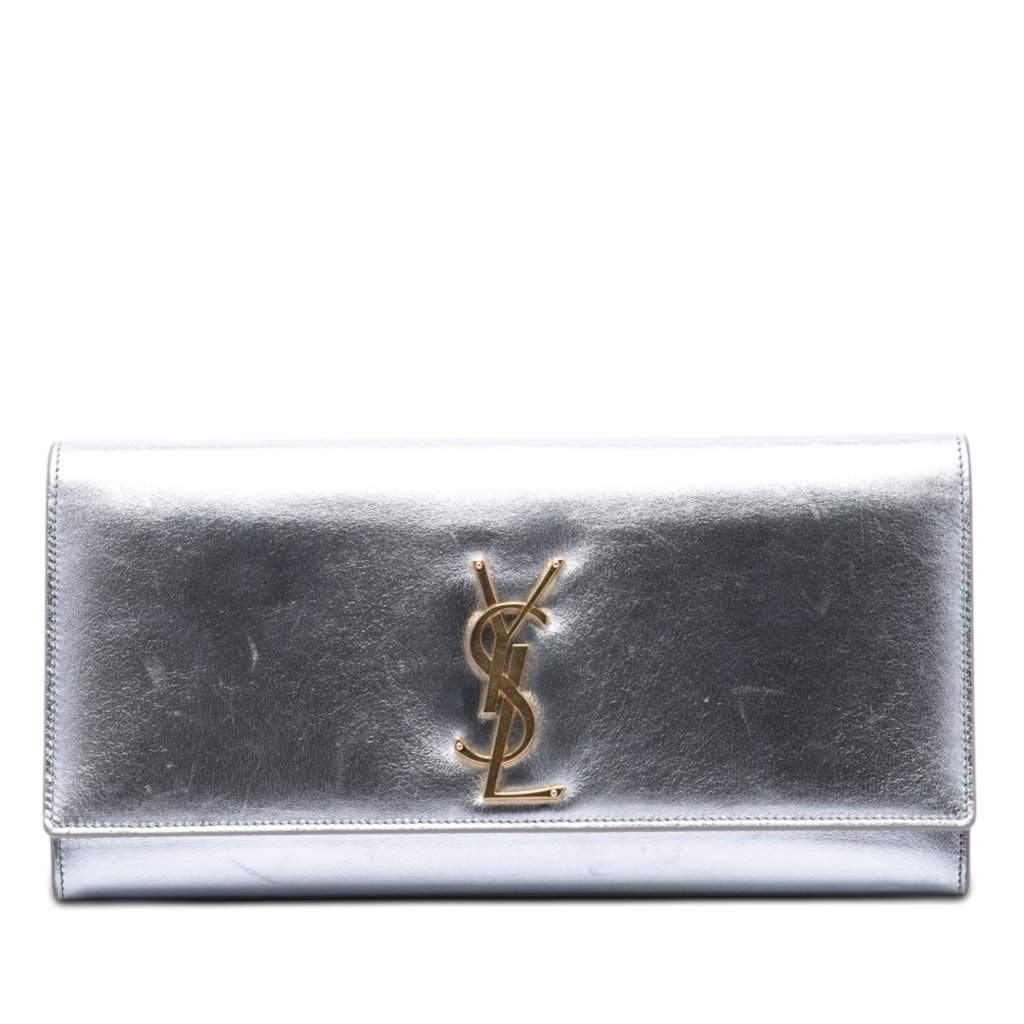 Saint Laurent Smooth Metallic Calfskin Monogram Cassandre Clutch Silver Leather Very good - Front View