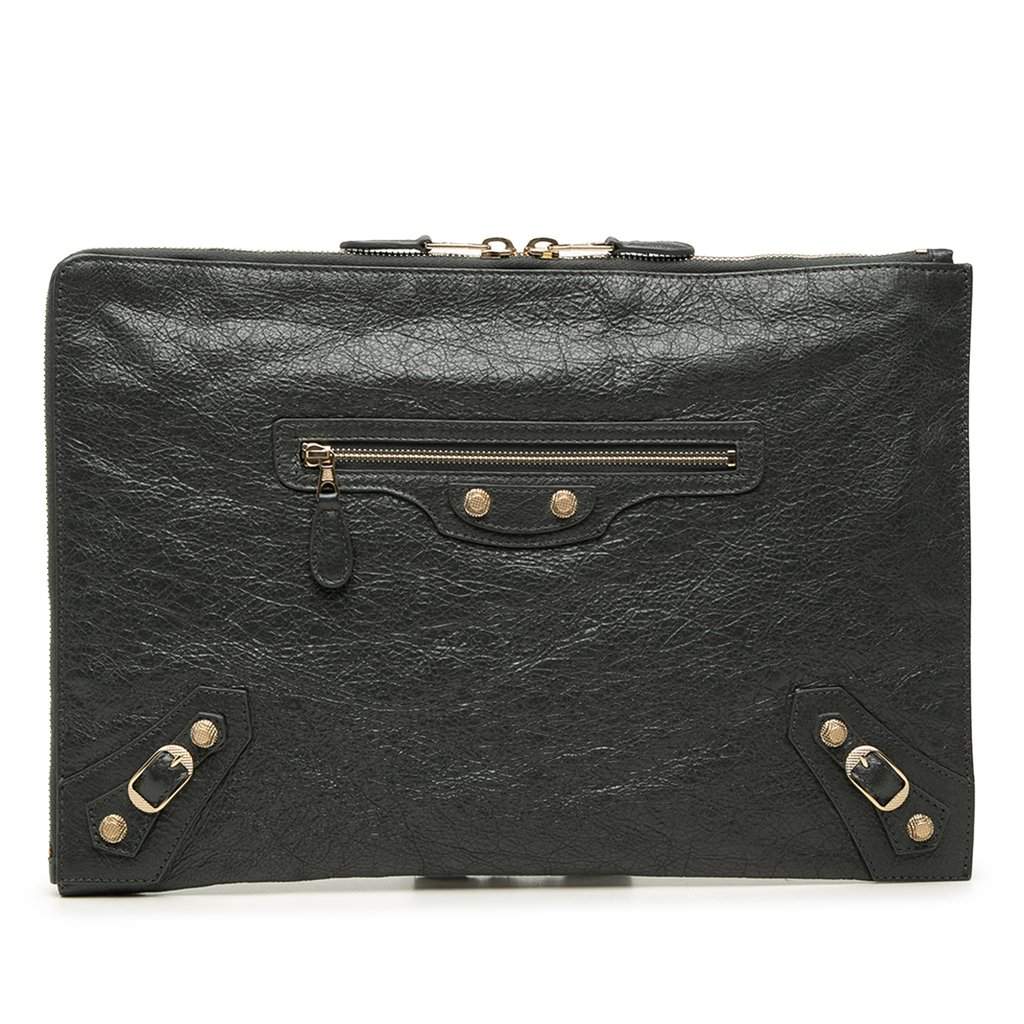 Balenciaga Lambskin Motocross Giant 12 Zip Around Flat Clutch Black Leather Very good - Front View