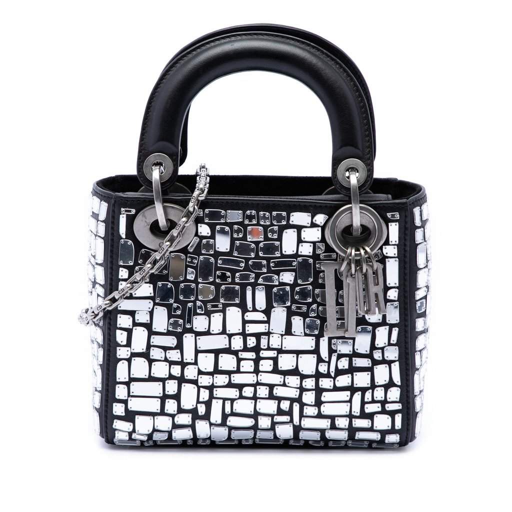 Dior Mini Smooth Calfskin Embroidered Mosaic of Mirrors Lady Dior Black Leather Very good condition - Front View