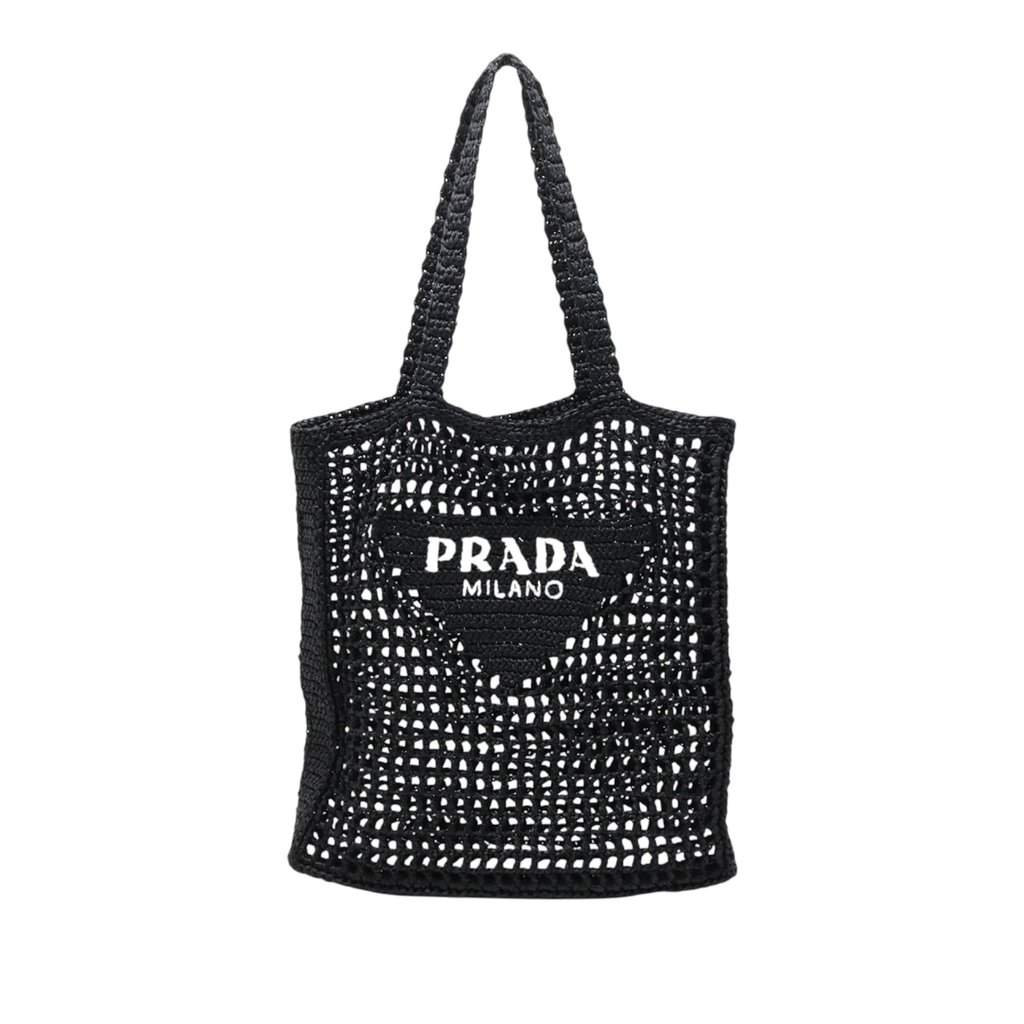 Prada Raffia Effect Crochet Embroidered Logo Tote Black Very good condition - Front View