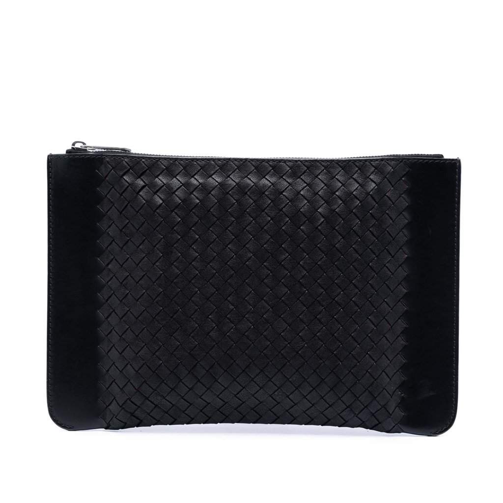 Bottega Veneta Intrecciato Trimmed Leather Clutch Black Leather Very good condition - Front View