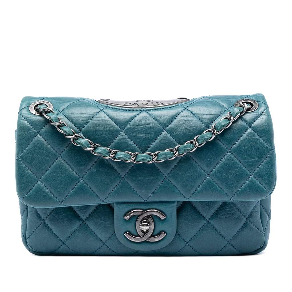Chanel Quilted Calfskin Plaque Double Flap Blue Leather Very good condition - Front View