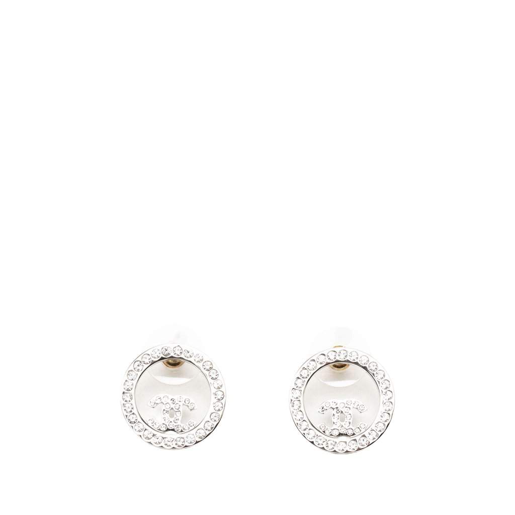 Chanel CC Brass Strass Push Back Earrings Silver Metal Very good - Front View