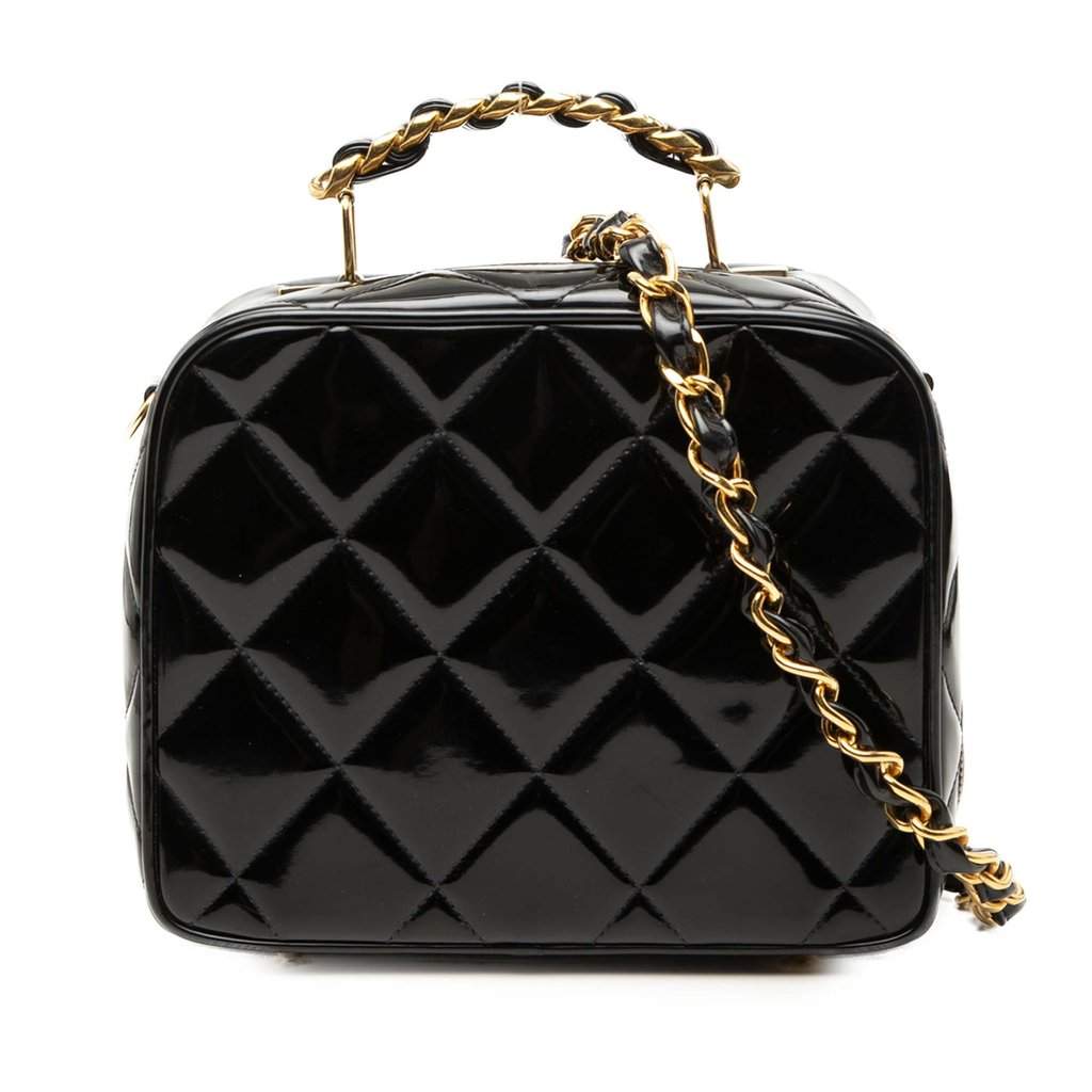 Chanel Quilted Patent Vanity Case Black Leather Very good - Front View