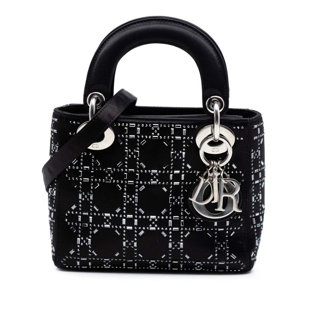Dior Mini Satin Cannage Strass Crystal Embellished Lady Dior Black Very good condition - Front View