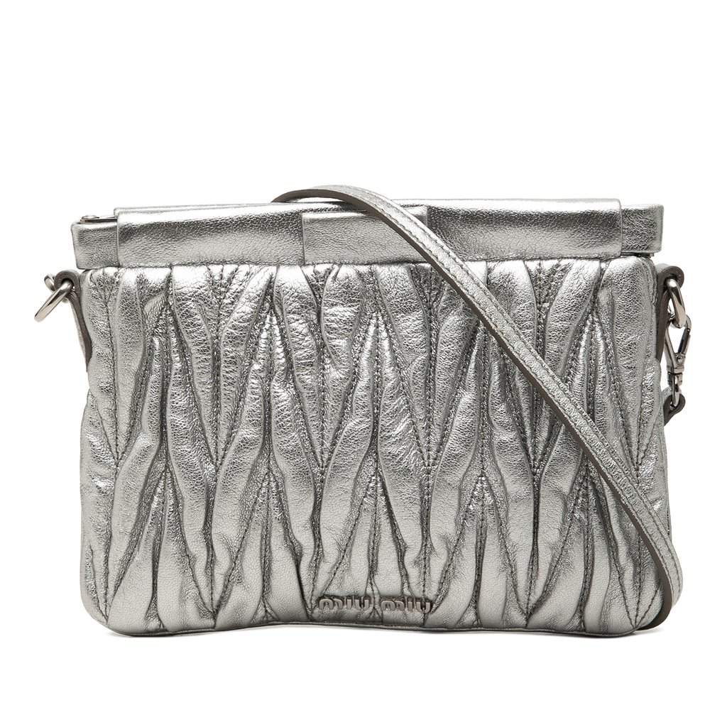 Miu Miu Matelasse Metallic Nappa Frame Clutch with Strap Silver Leather Very good - Front View