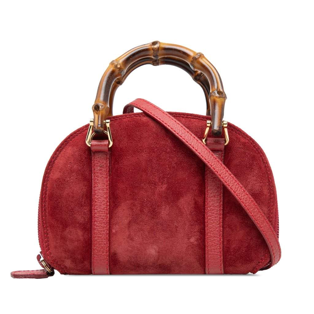Gucci Mini Suede Bamboo Satchel Red Leather Very good - Front View