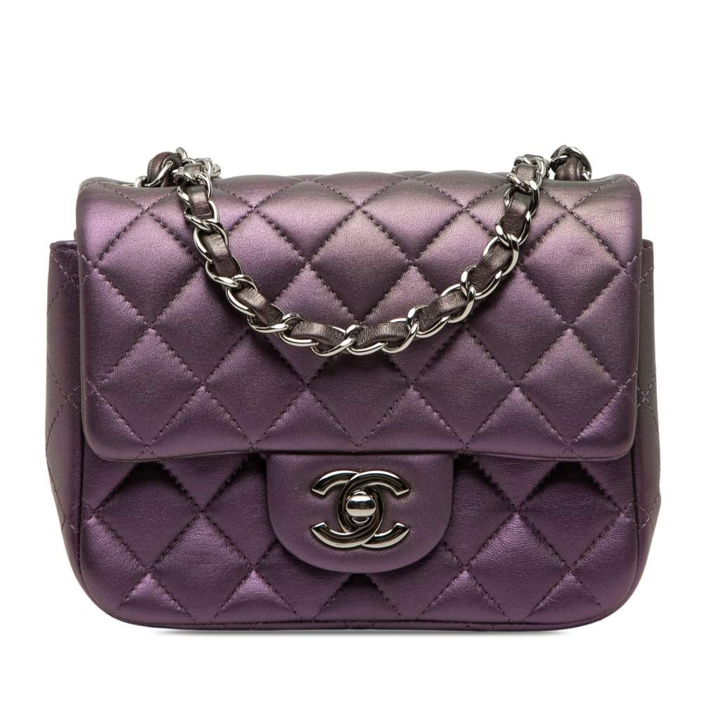 Chanel Mini Square Classic Iridescent Lambskin Single Flap Purple Leather Very good - Front View