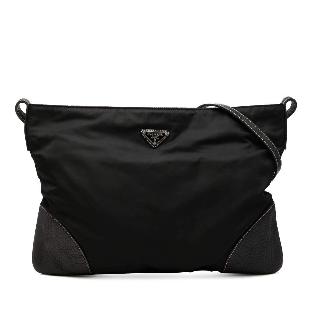 Prada Vitello Daino Trimmed Tessuto Zip Top Crossbody Black Very good condition - Front View