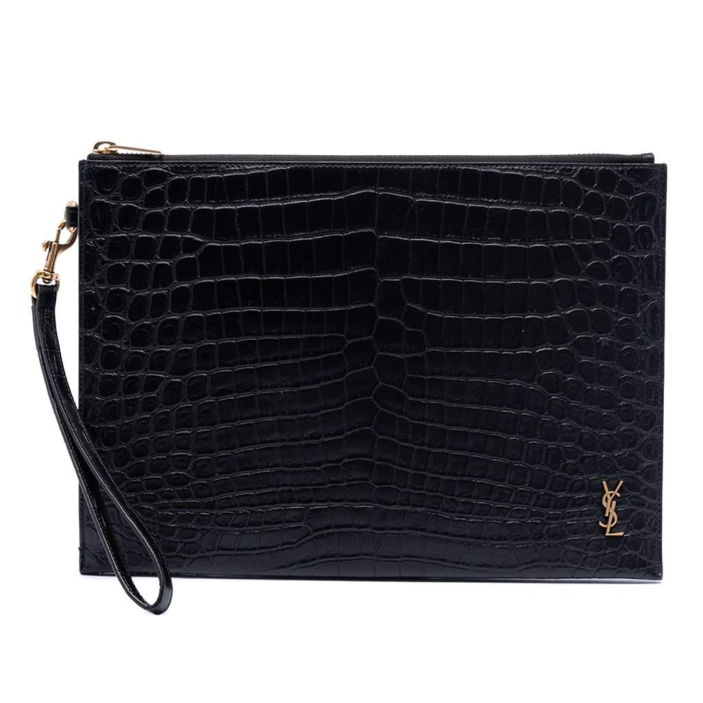 Saint Laurent Croc Embossed Leather Tiny Monogram Zipped Tablet Holder Black Leather Very good condition - Front View
