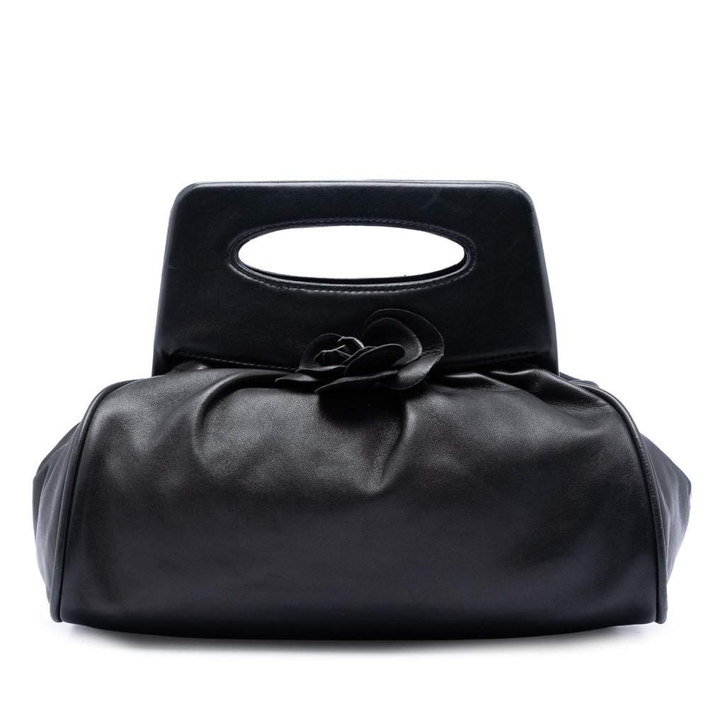 Chanel Lambskin Camellia Top Handle Frame Bag Black Leather Very good - Front View