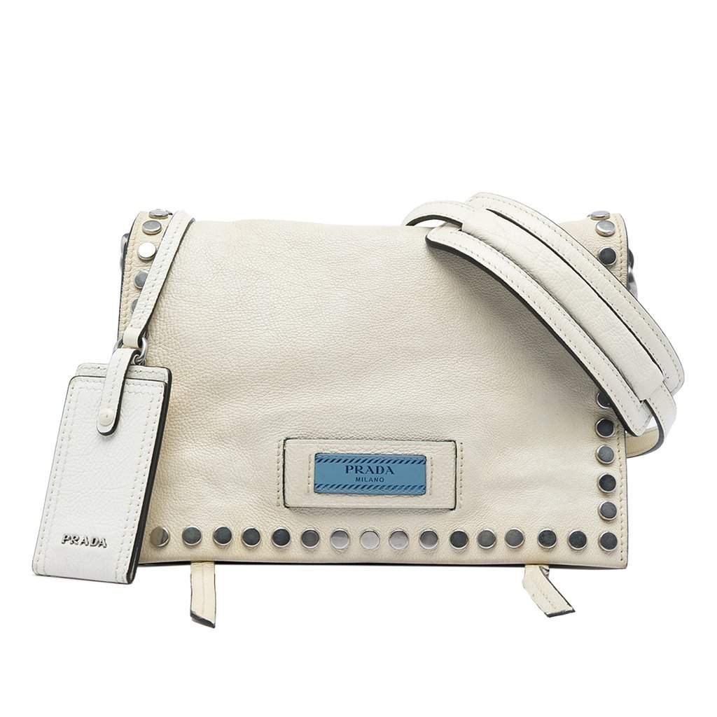 Prada Glace Calfskin Studded Etiquette Flap White Leather Very good - Front View