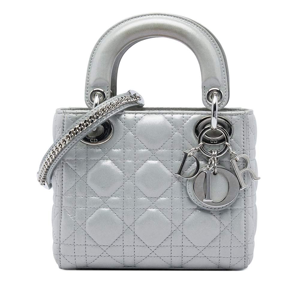 Dior Mini Iridescent Lambskin Cannage Lady Dior Silver Leather Very good condition - Front View