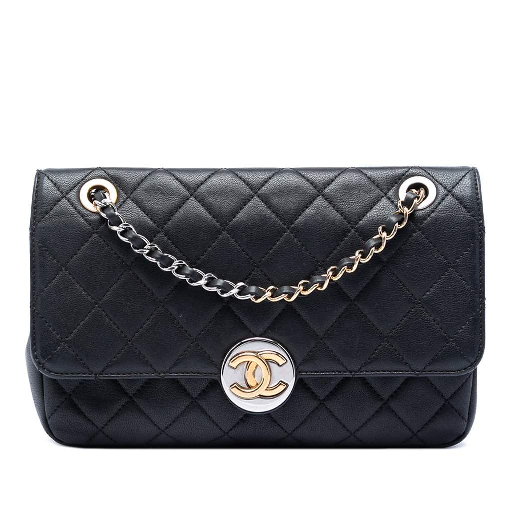 Chanel Quilted Lambskin Turn and Lock Flap Black Leather Very good condition - Front View