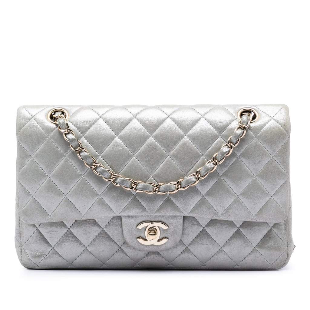 Chanel Medium Classic Iridescent Lambskin Double Flap Silver Leather Very good condition - Front View