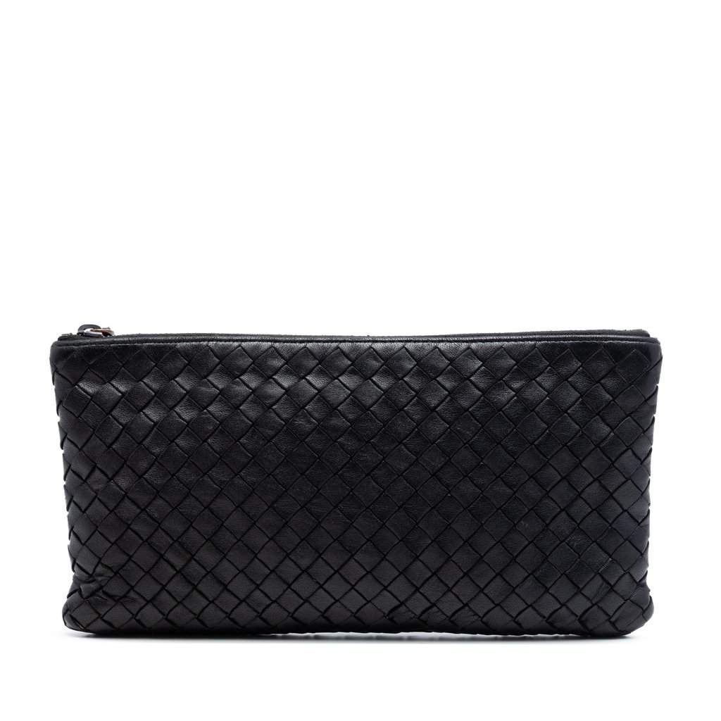 Bottega Veneta Nappa Intrecciato Zip Pouch Black Leather Very good - Front View