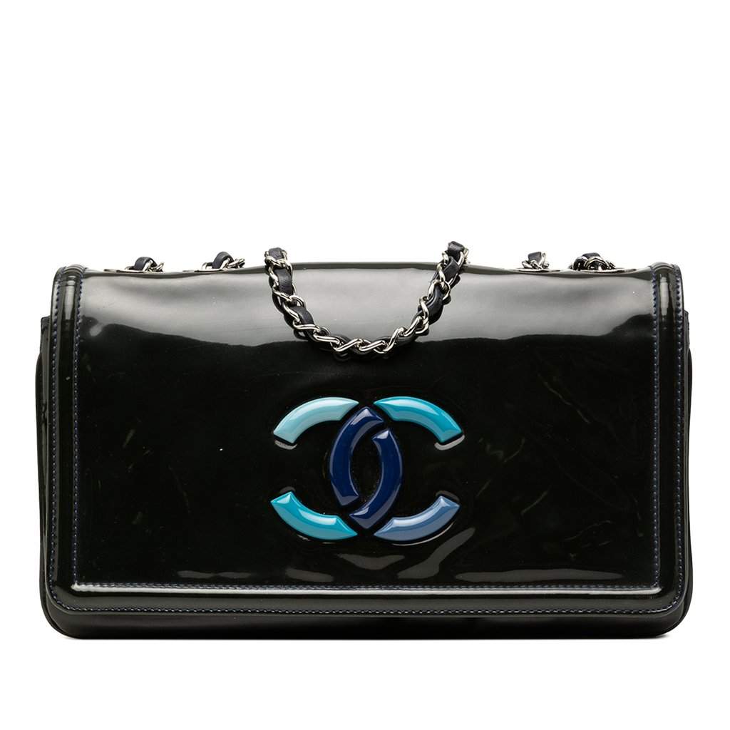 Chanel CC Patent Lipstick Ligne Flap Blue Leather Very good condition - Front View