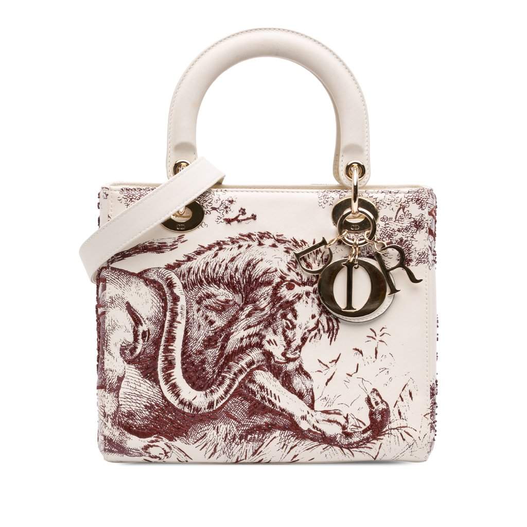Dior Medium Smooth Calfskin Embroidered Beaded Toile de Jouy Lady Dior White Leather Very good - Front View