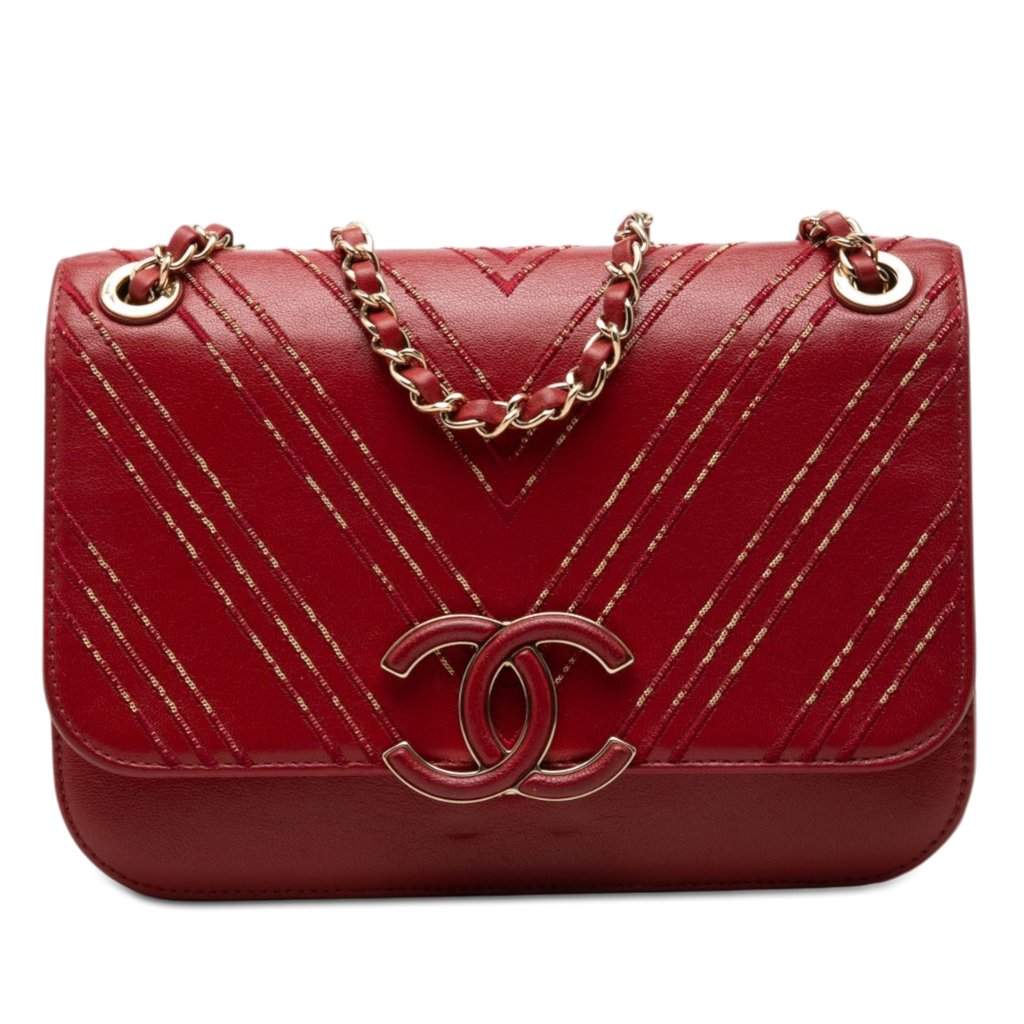 Chanel Large Chevron Sheepskin Subtle Flap Red Leather Very good condition - Front View