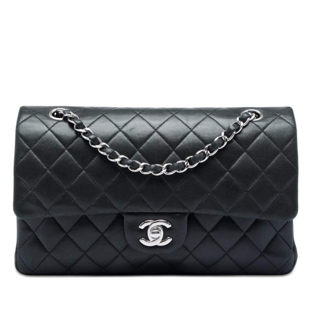 Chanel Medium Classic Lambskin Double Flap Black Leather Very good - Front View