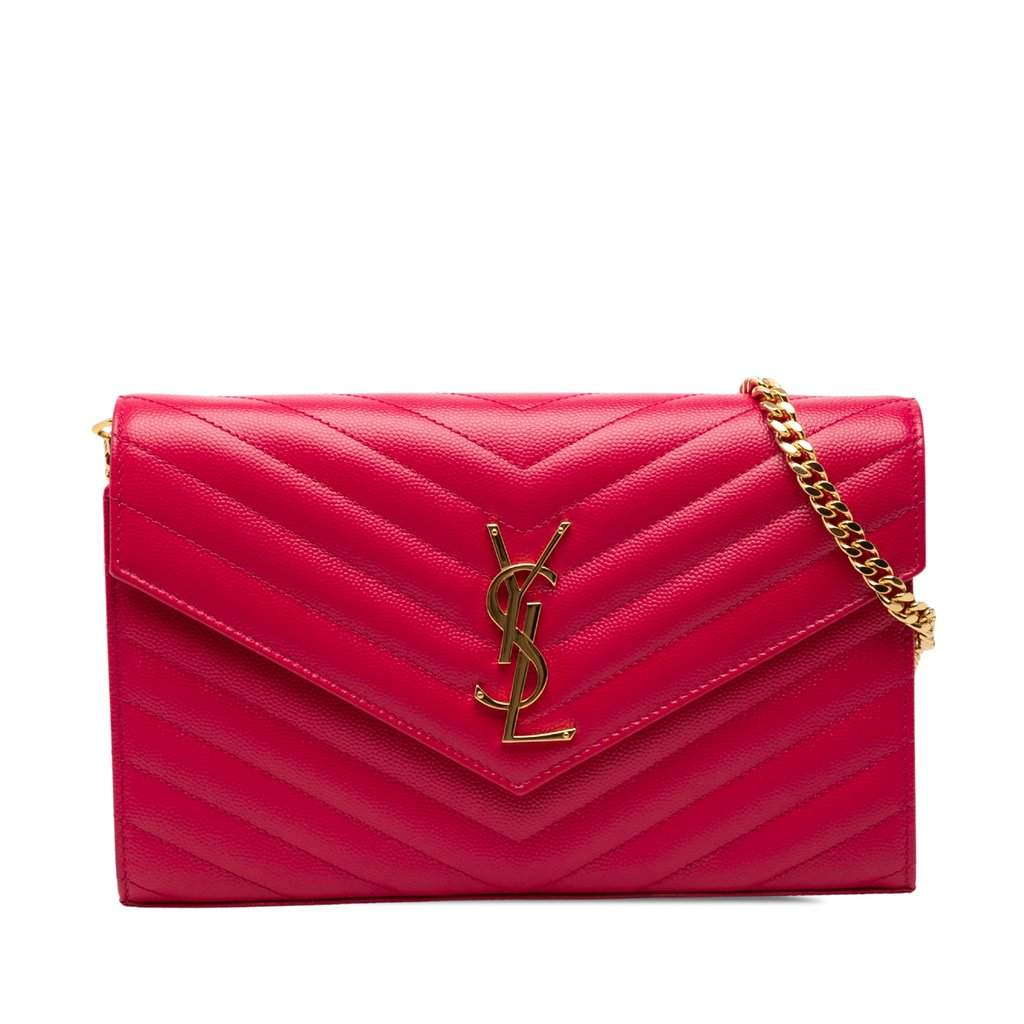 Saint Laurent Grain De Poudre Chevron Monogram Envelope Chain Wallet Pink Leather Very good - Front View